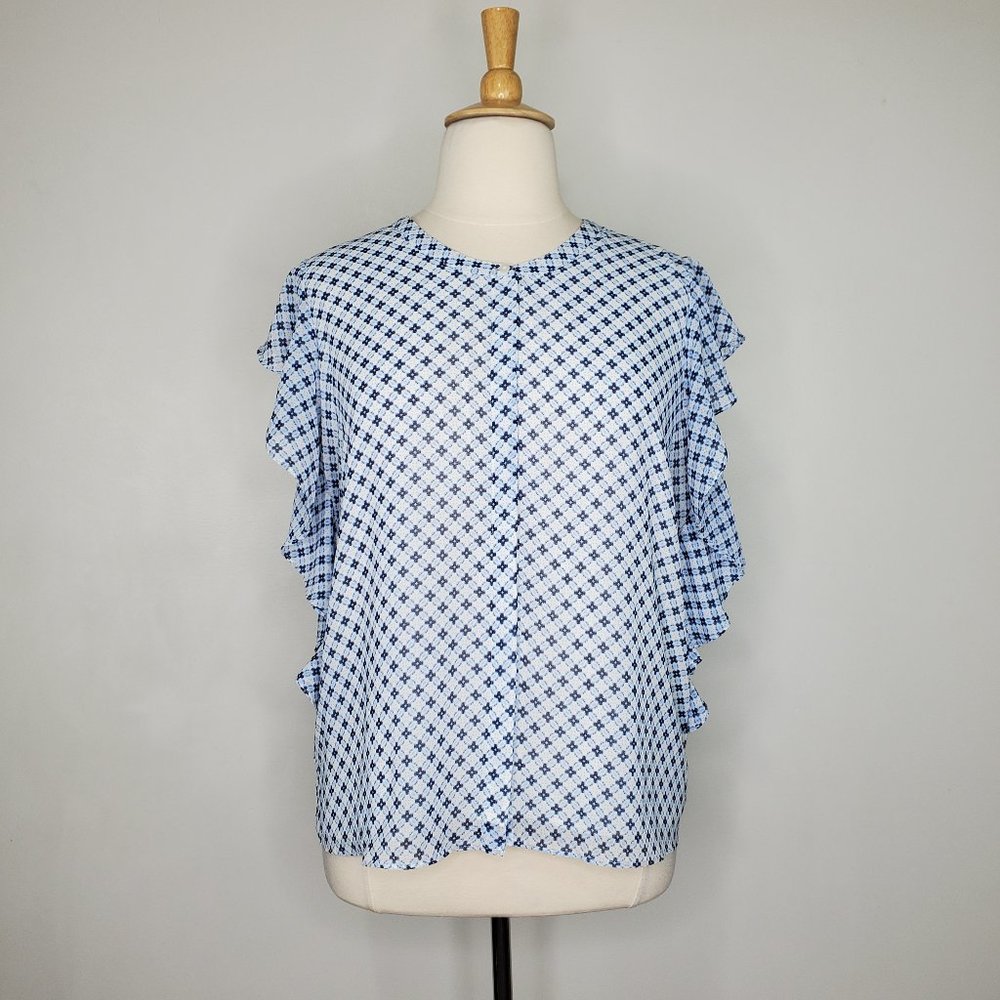 Roz & Ali Blue White Flutter Sleeve Ruffle Side Button Up Top Blouse NEW Size XL